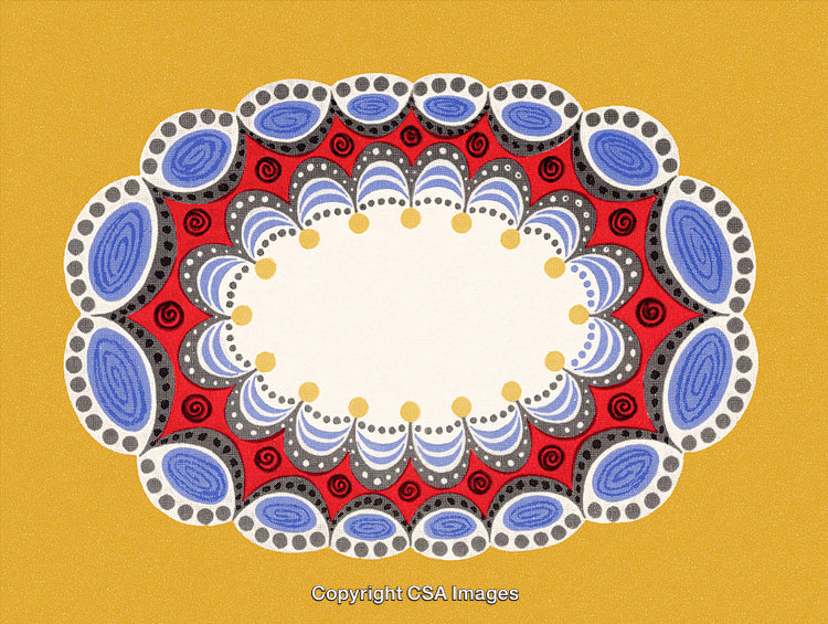 Colorful Mandala Design Featuring Symmetrical Shapes on a Vibrant Yellow Background