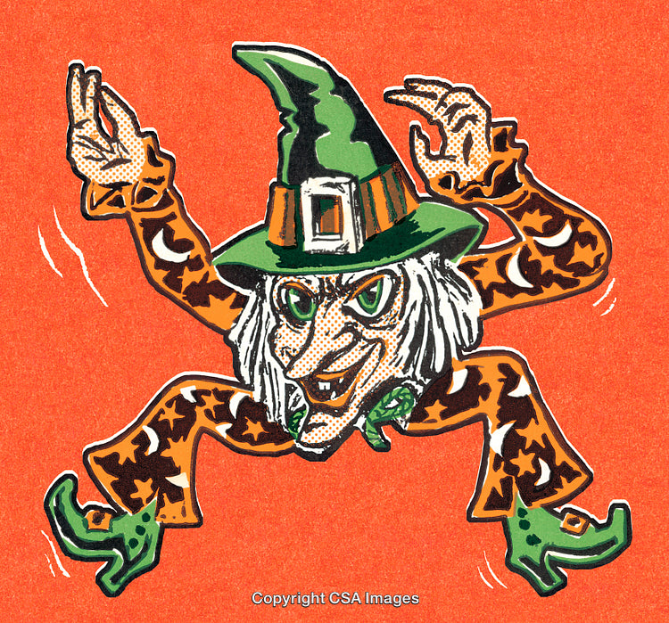 Colorful Illustration of a Mischievous Witch-Like Character on an Orange Background