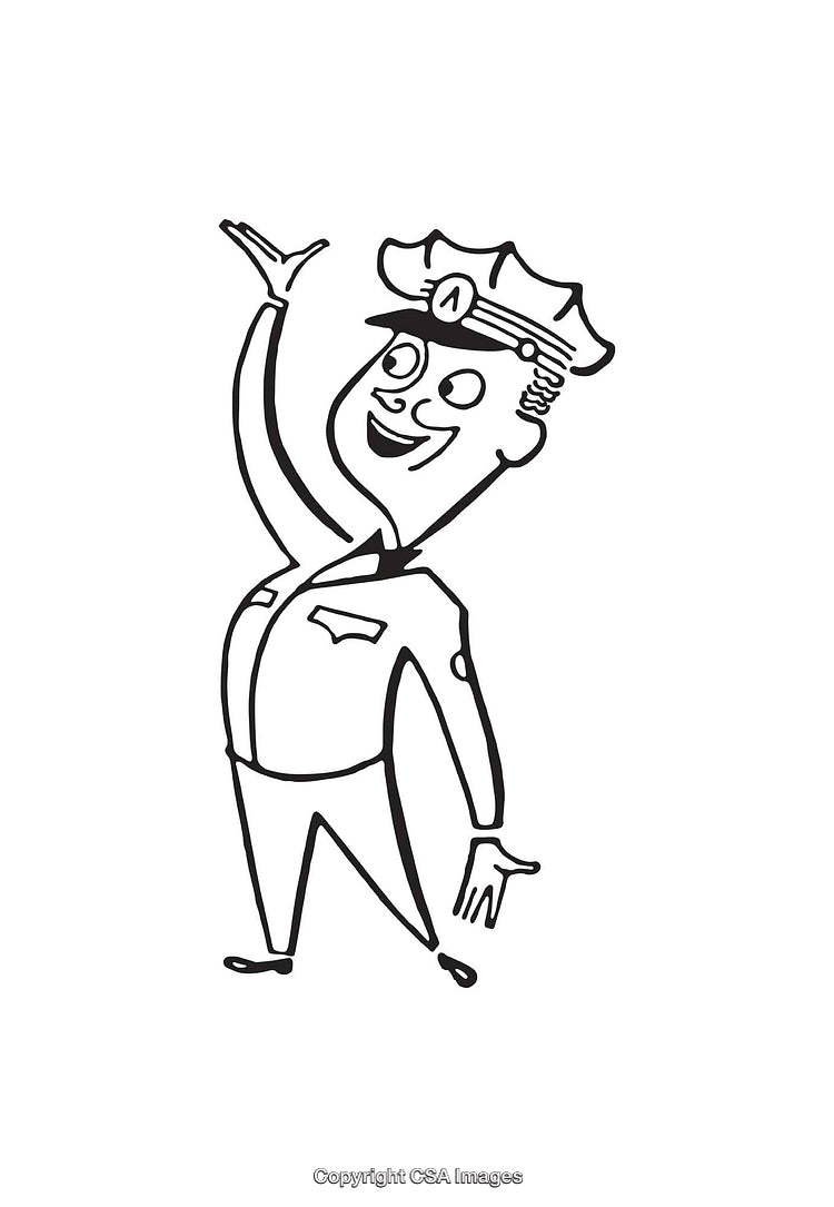 Cheerful Cartoon Policeman Character in Line Art Black And White Style