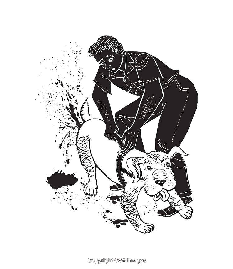 Black-and-White Line Art of Man and Dog with Playful Fun