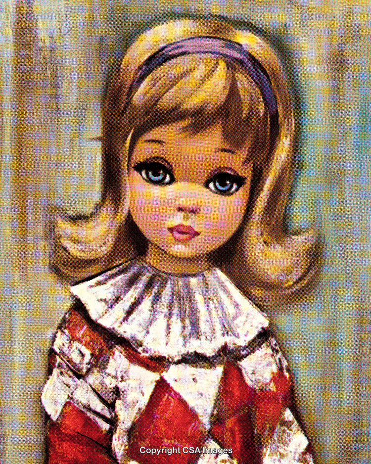 Vintage Painting of a Girl in Harlequin Costume with Big Eyes