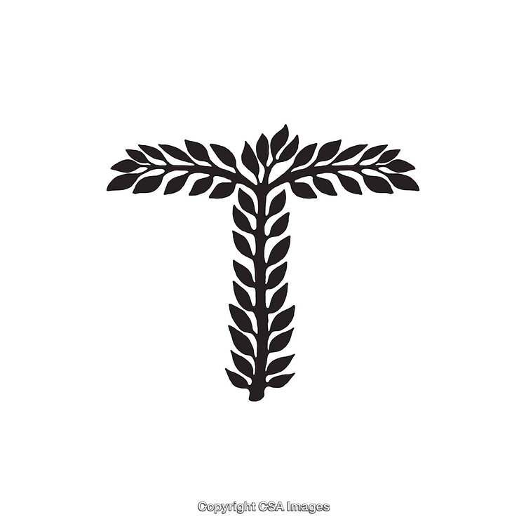 Stylized Black Letter T with Leaf Pattern on White Background