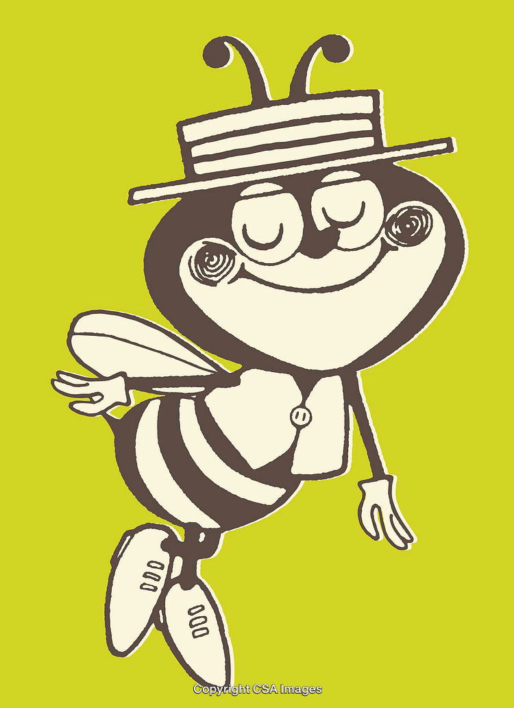 Retro Cartoon Bee Illustration with Stylish Hat on Green Background