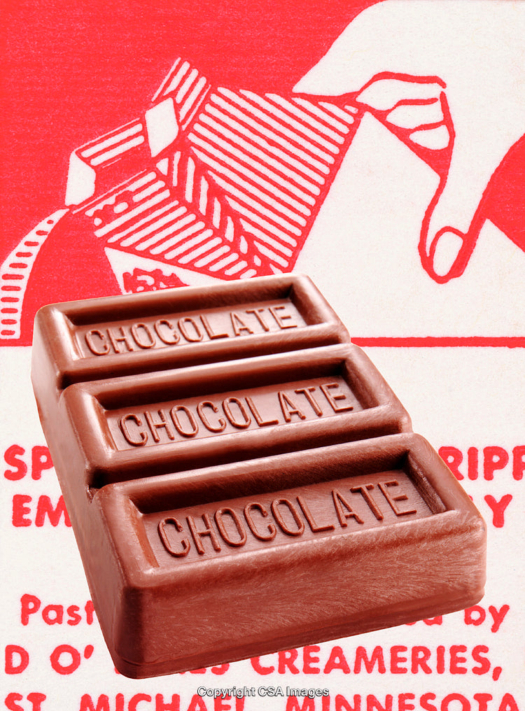 Close-Up of Chocolate Bar with Retro Packaging Design in Red and White