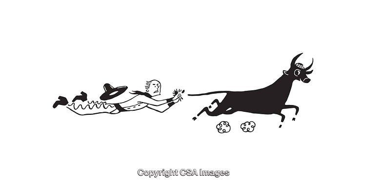 Man Holding a Charging Bull in Minimalist Black and White Line Art