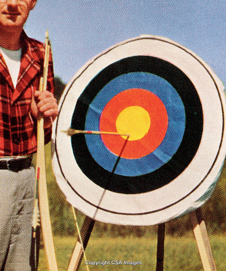 Archery Target With Bullseye Hit and Bow in Retro Print Effect