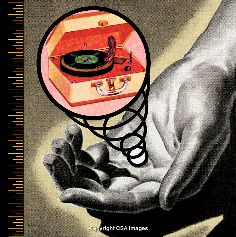 Vintage Record Player Art with Retro Hands in a Conceptual Design