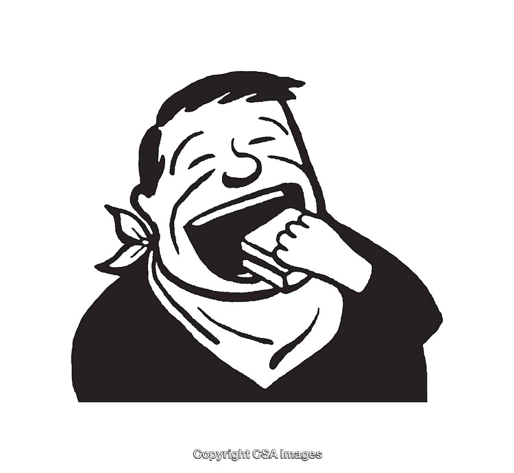 Black and White Line Art of Man Eating with a Happy Expression