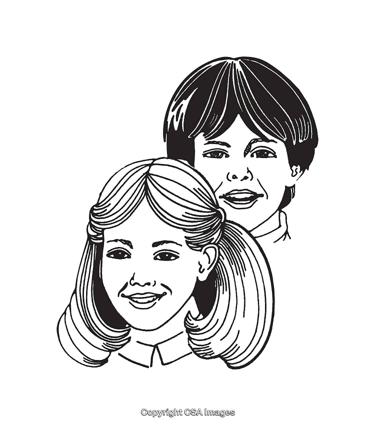 Black and White Line Art Illustration of Two Smiling Children