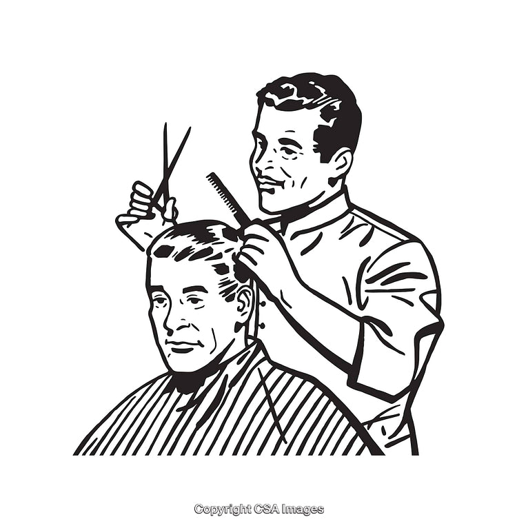 Barber Styling Hair of Male Client in Black and White Line Art Illustration
