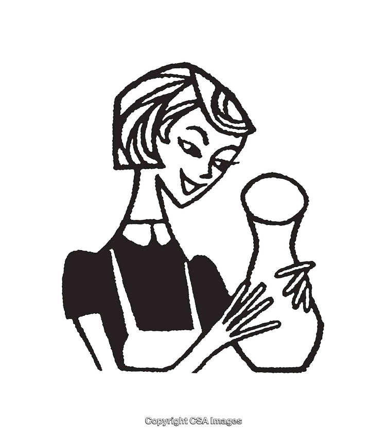 Black and White Line Art of Stylish Woman Holding a Vase