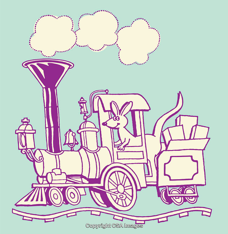 Whimsical Kangaroo Riding a Vintage Steam Train with Surrounding Design Elements