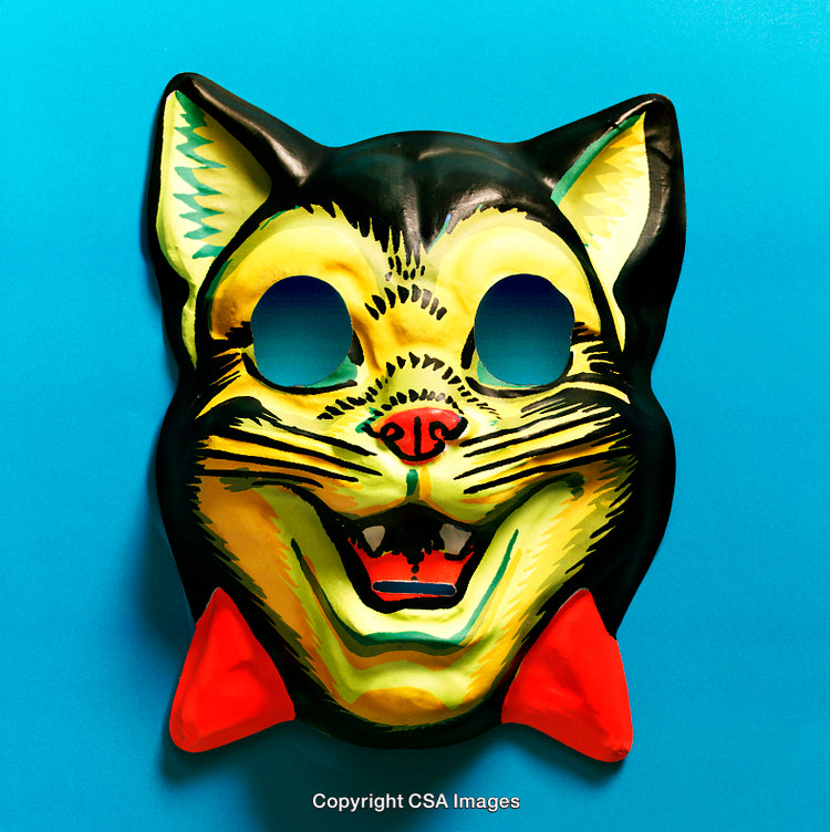 Black Cat Mask with Bright Colors on Turquoise Background