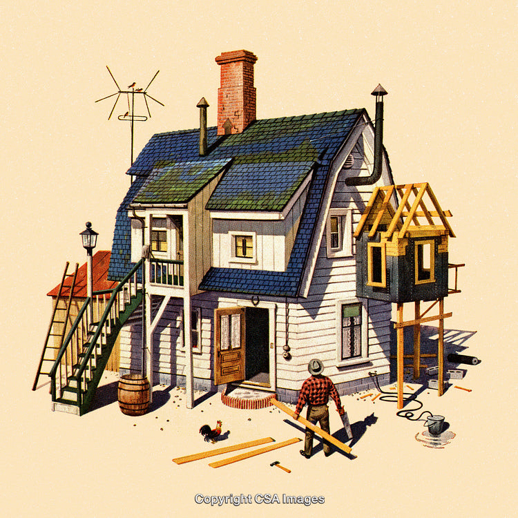 Rustic Wooden House with Construction Worker Renovating Outdoor Area