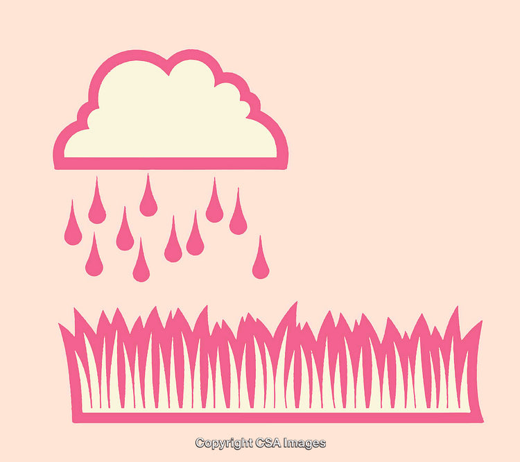 Pink Line Art Illustration of Rainfall Nurturing Grass