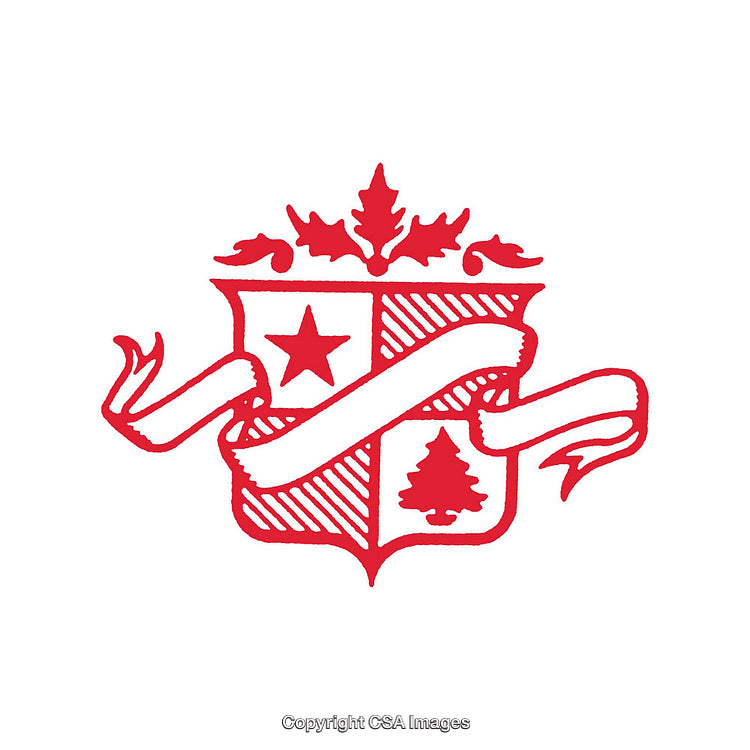 Red Heraldic Shield Design Featuring Star, Tree, and Scroll Elements