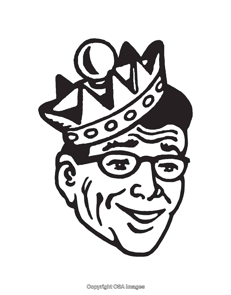 Black and White Line Art Illustration of a Smiling Character Wearing a Crown