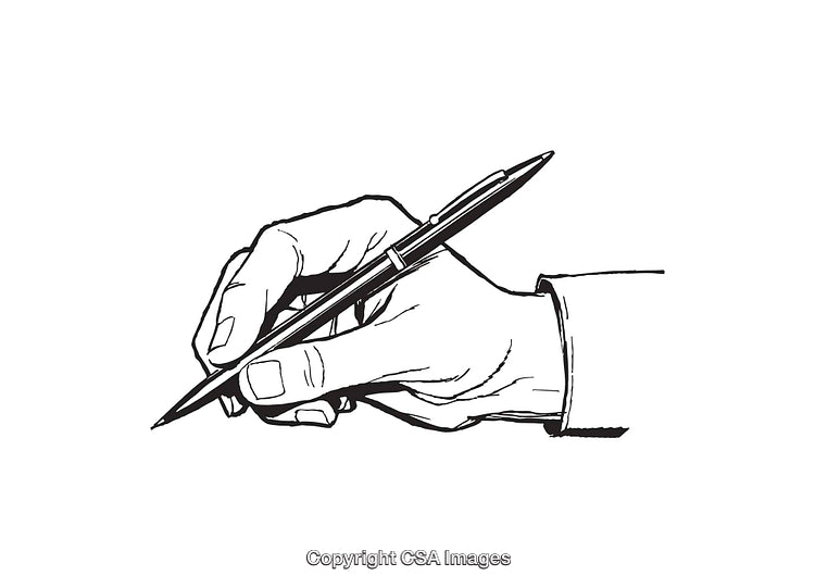 Black and White Line Art Illustration of a Hand Holding a Pen