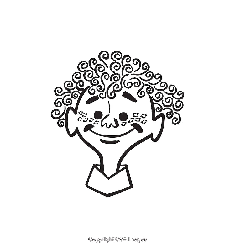 Black And White Drawing of Smiling Cartoon With Curly Hair and Freckles