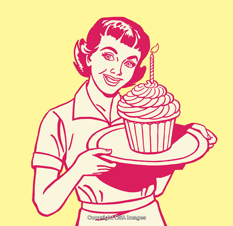 Retro Styled Woman Holding a Birthday Cupcake Illustration