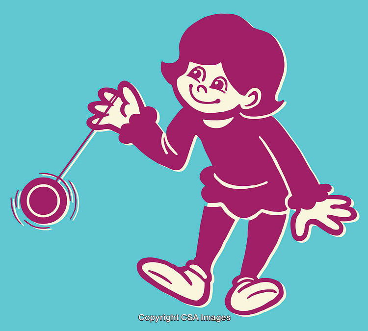 Colorful Retro Cartoon Illustration of a Child Playing with a Yo-Yo Toy