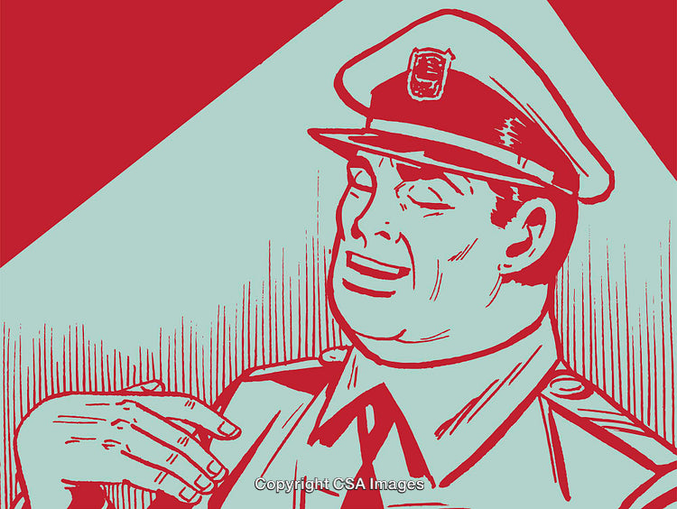 Vintage Pop Art Illustration of Smiling Policeman in Bold Red and Blue Colors