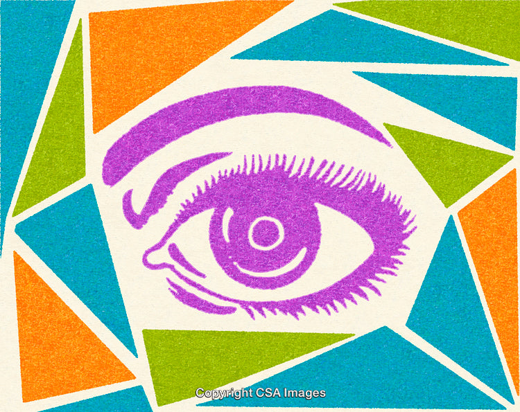 Vibrant Abstract Artwork Featuring Colorful Geometric Shapes and Purple Eye Illustration