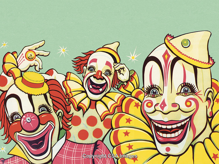 Colorful Illustration of Smiling Clowns in Vibrant Costumes