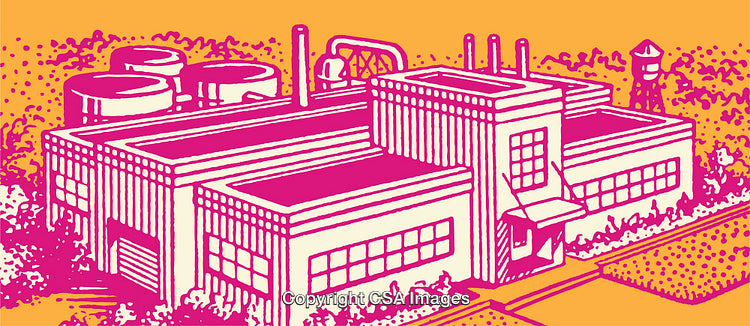 Colorful Line Art Illustration of a Industrial Factory Building with Bold Colors