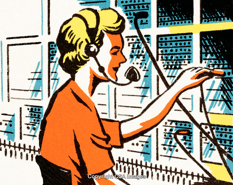 Retro Illustration of Switchboard Operator Working in a Vintage Office Setting
