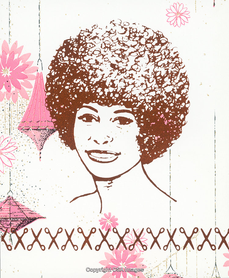 Retro Afro Hair Illustration With Pink Flowers and Scissors Motif
