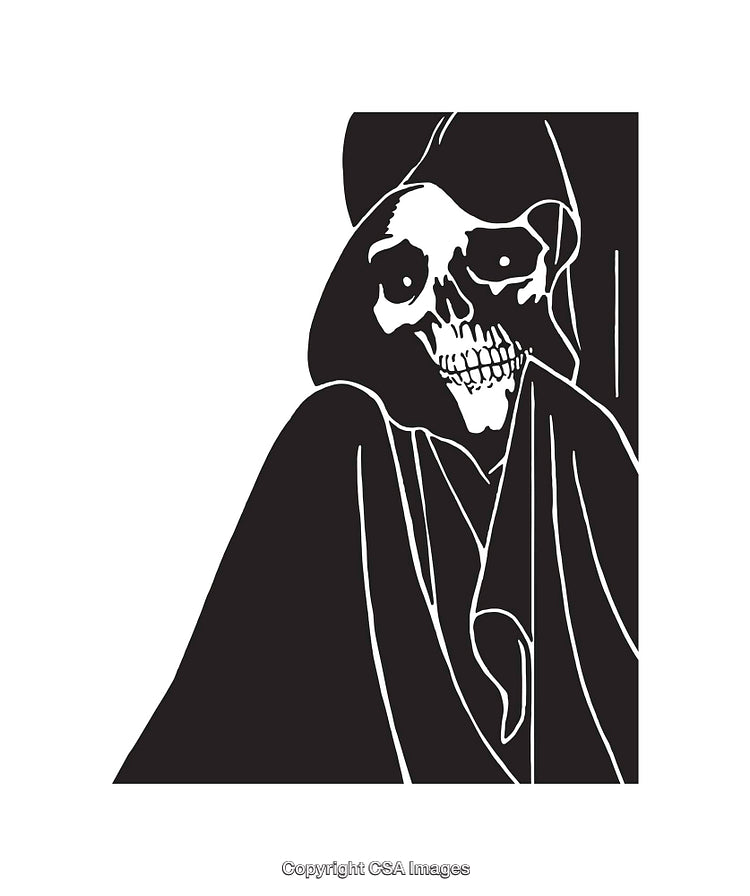 Black And White Illustration of a Hooded Skeleton with Grim Expression