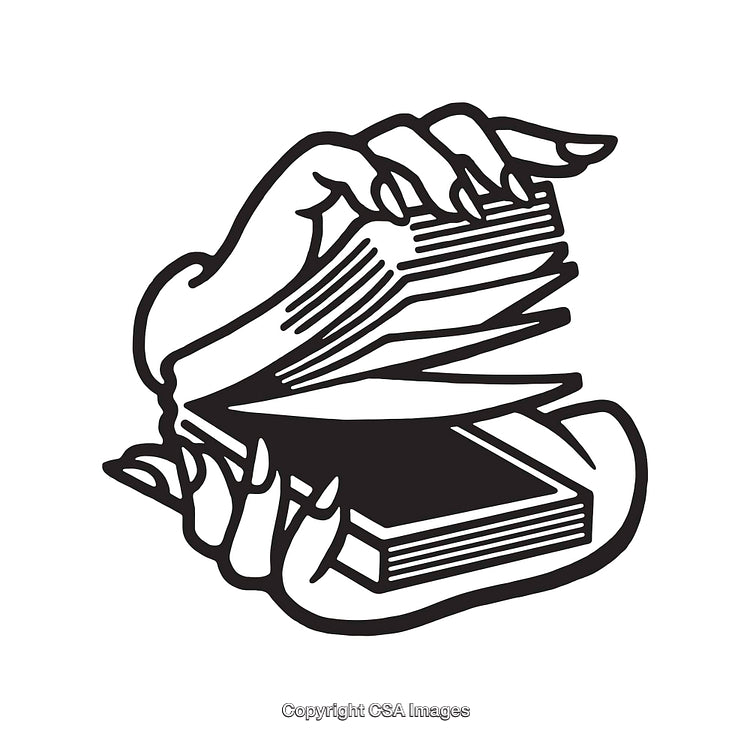 Black and White Line Art Drawing of Hands Holding an Open Book