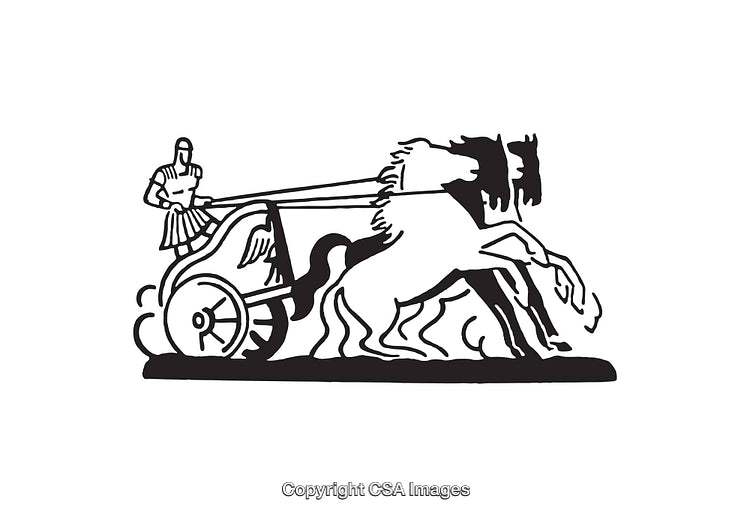 Black and White Line Art of a Chariot and Horses in Motion