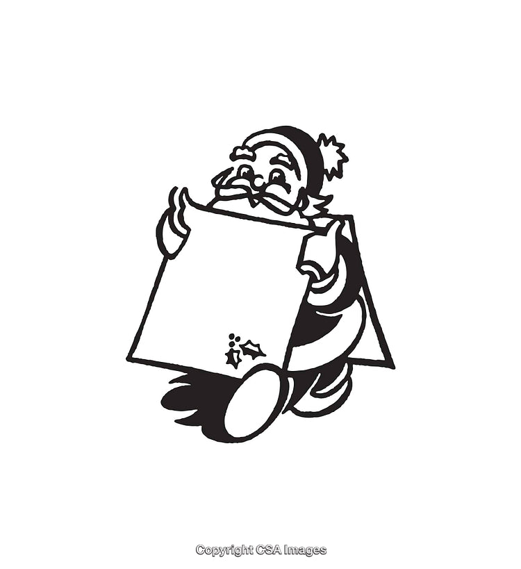 Santa Claus Reading a Letter in Black and White Line Art
