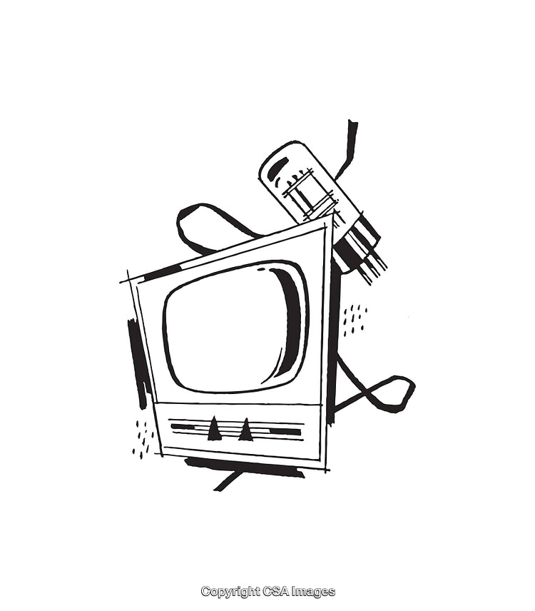 Retro Television With Electronic Components Black and White Illustration