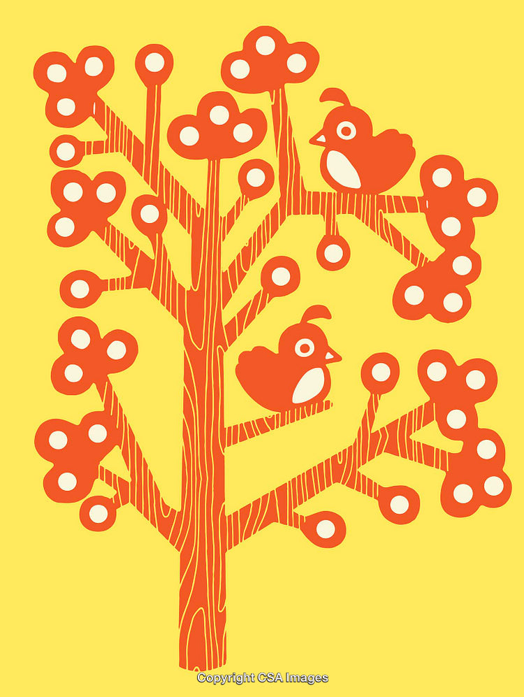 Illustrated Tree Artwork with Playful Birds on a Yellow Background