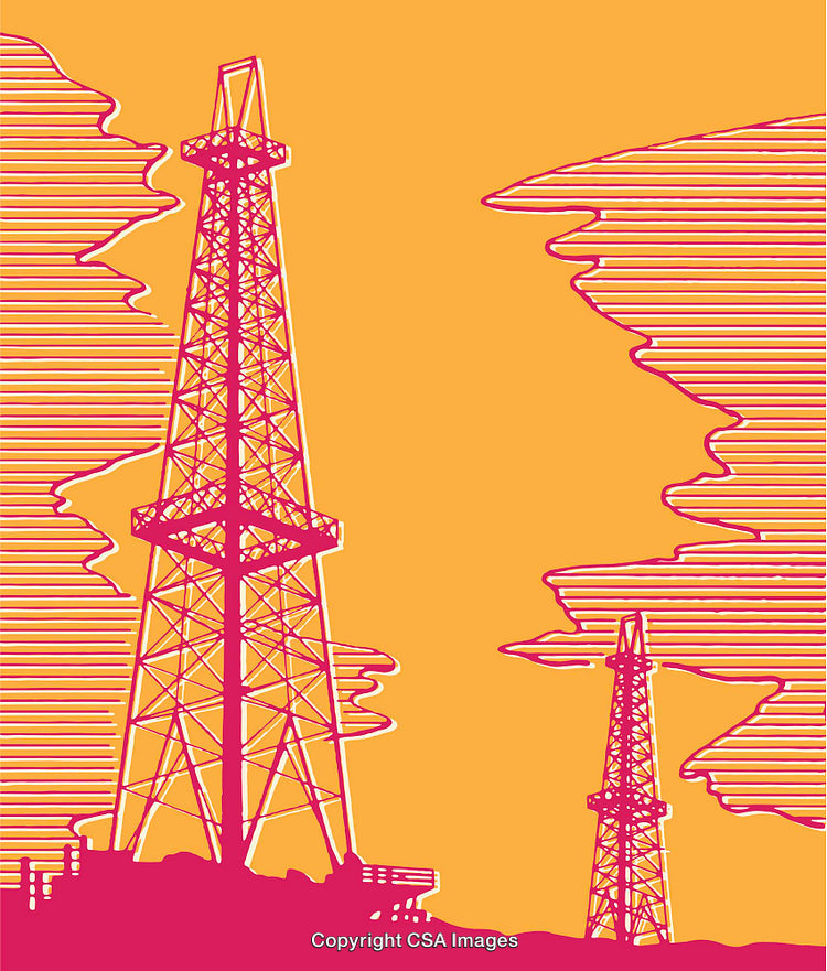 Colorful Line Art of Oil Rigs Against a Dramatic Sky
