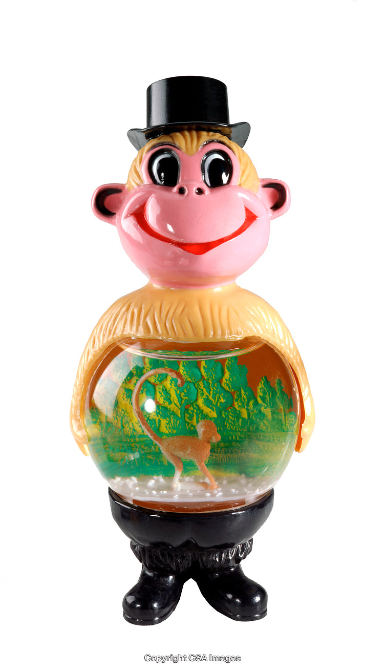 Colorful Monkey Figurine With Fishbowl Body On White Background