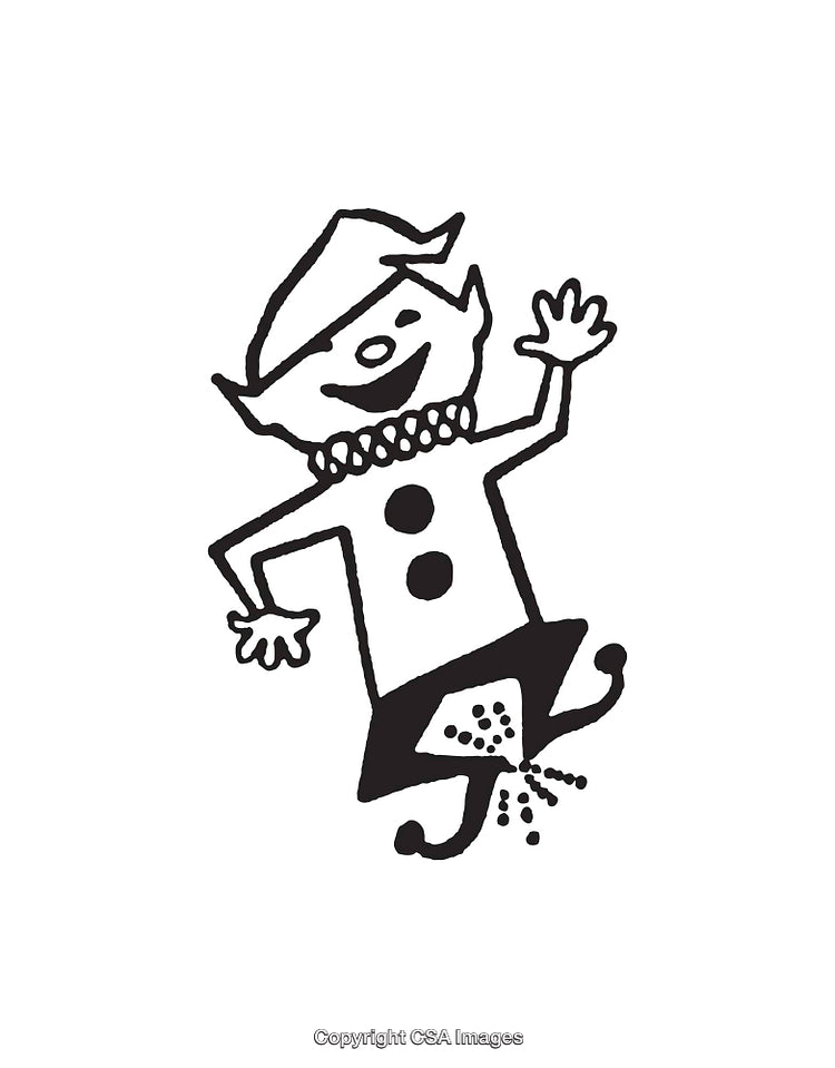 Cheerful Dancing Elf in Festive Line Art Illustration on White Background