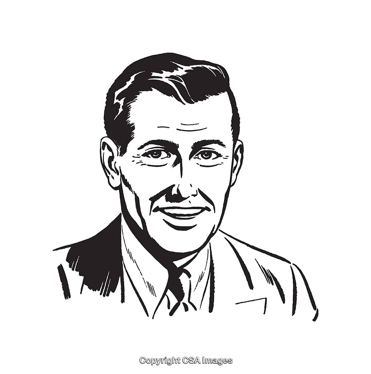 Retro Black and White Line Art Illustration of Smiling Businessman