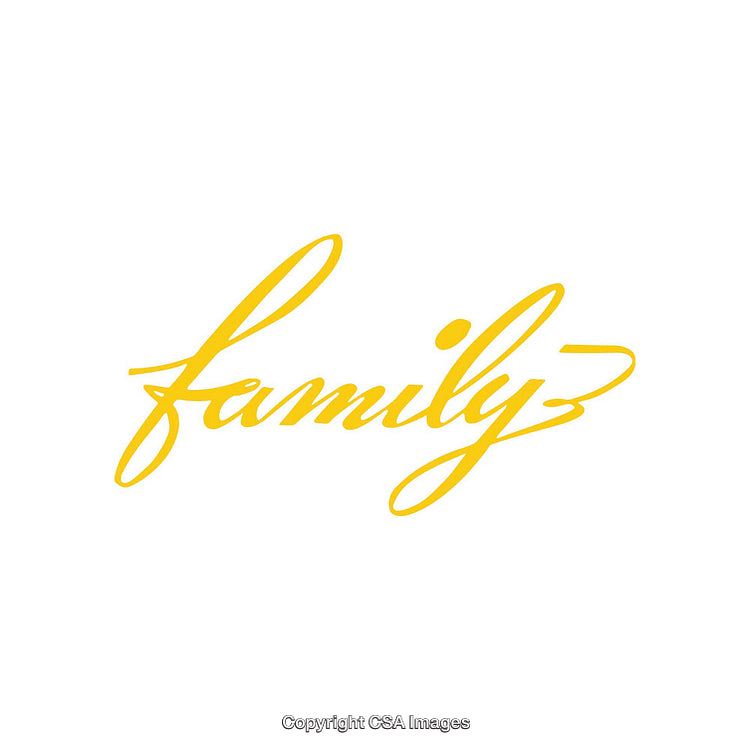 Elegant Yellow Script of the Word 'Family' on White Background