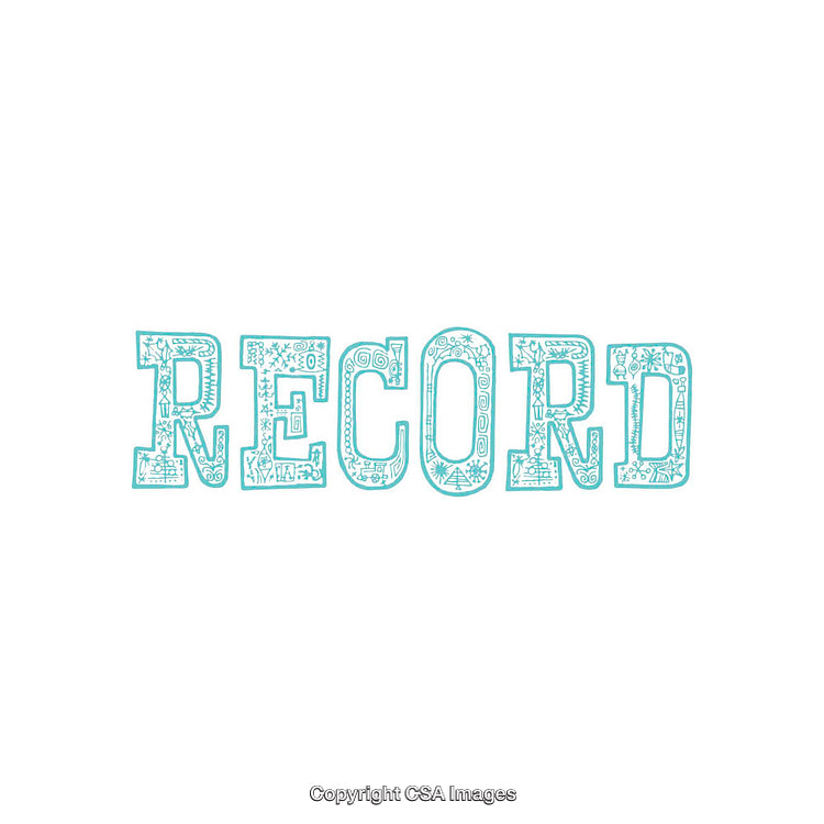 Decorative Word Art Depicting the Word 'Record' in Teal with Patterns