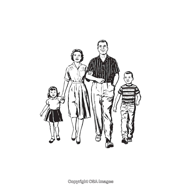 Vintage Line Art Depicting Family Life with Parents and Children