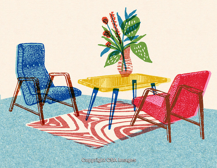 Colorful Retro Interior Design with Chairs, Table, and Decorative Plants