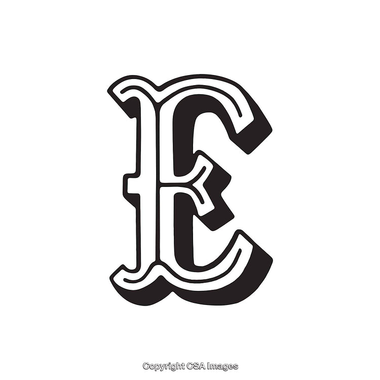 Artistic Black-and-White Decorative Letter E in Bold Typeface