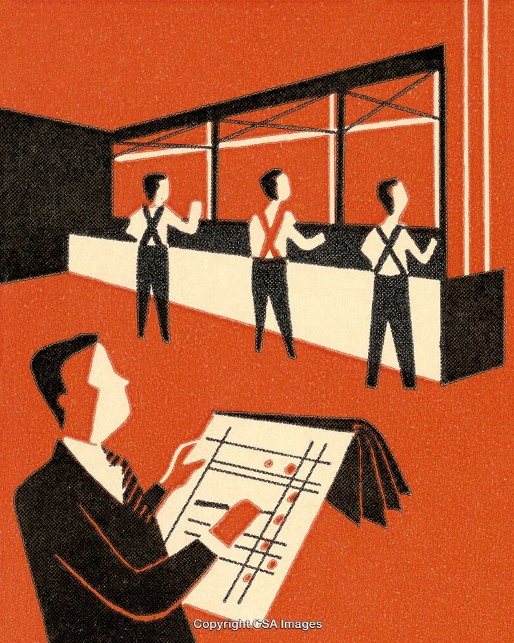 Retro Illustration Depicting Organized Business Workflow Administration and Management