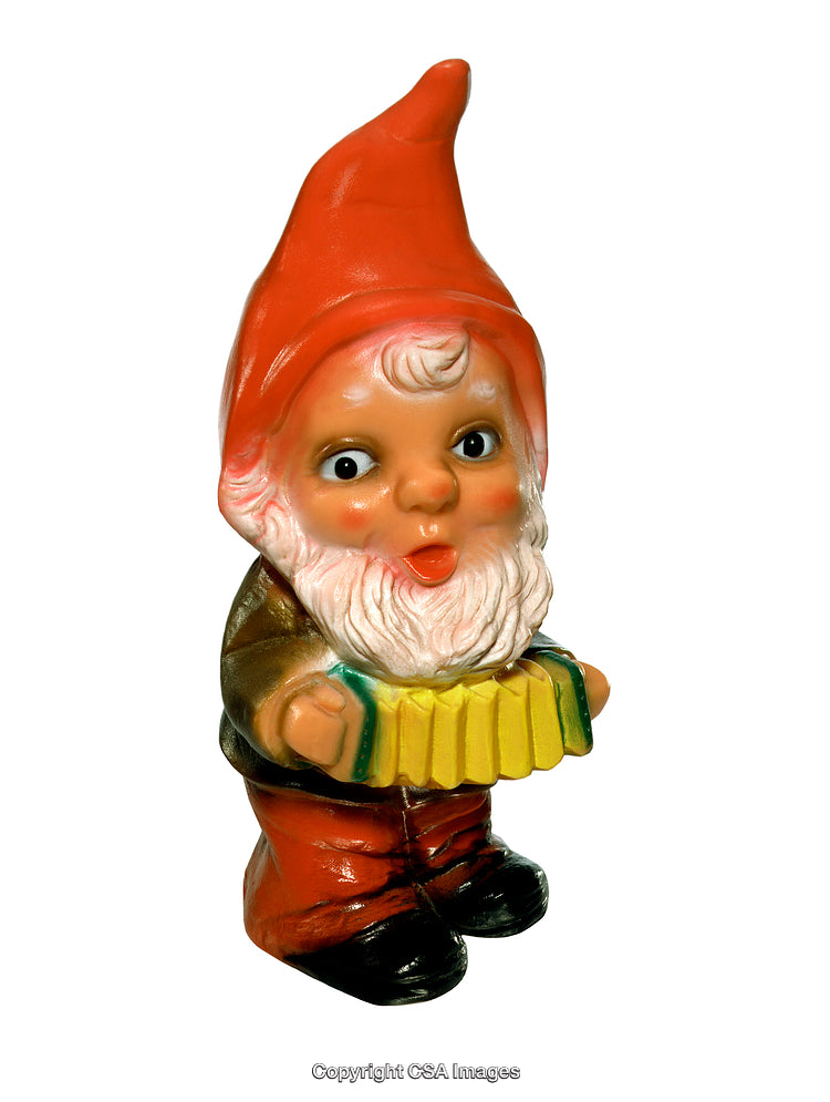 Colorful Gnome Figurine Holding An Accordion Isolated on White Background