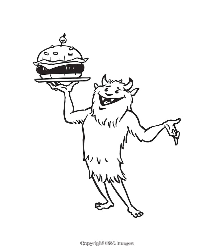 Cartoon Monster Serving a Giant Burger in Black and White Line Art