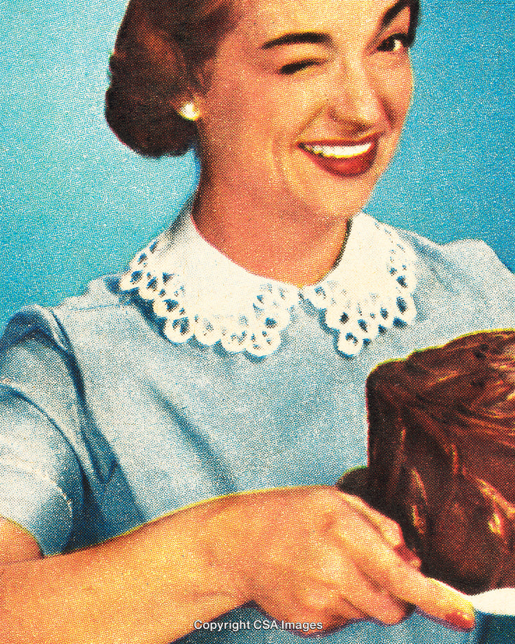 Retro Woman Smiling While Serving Chocolate Cake in Vintage Style